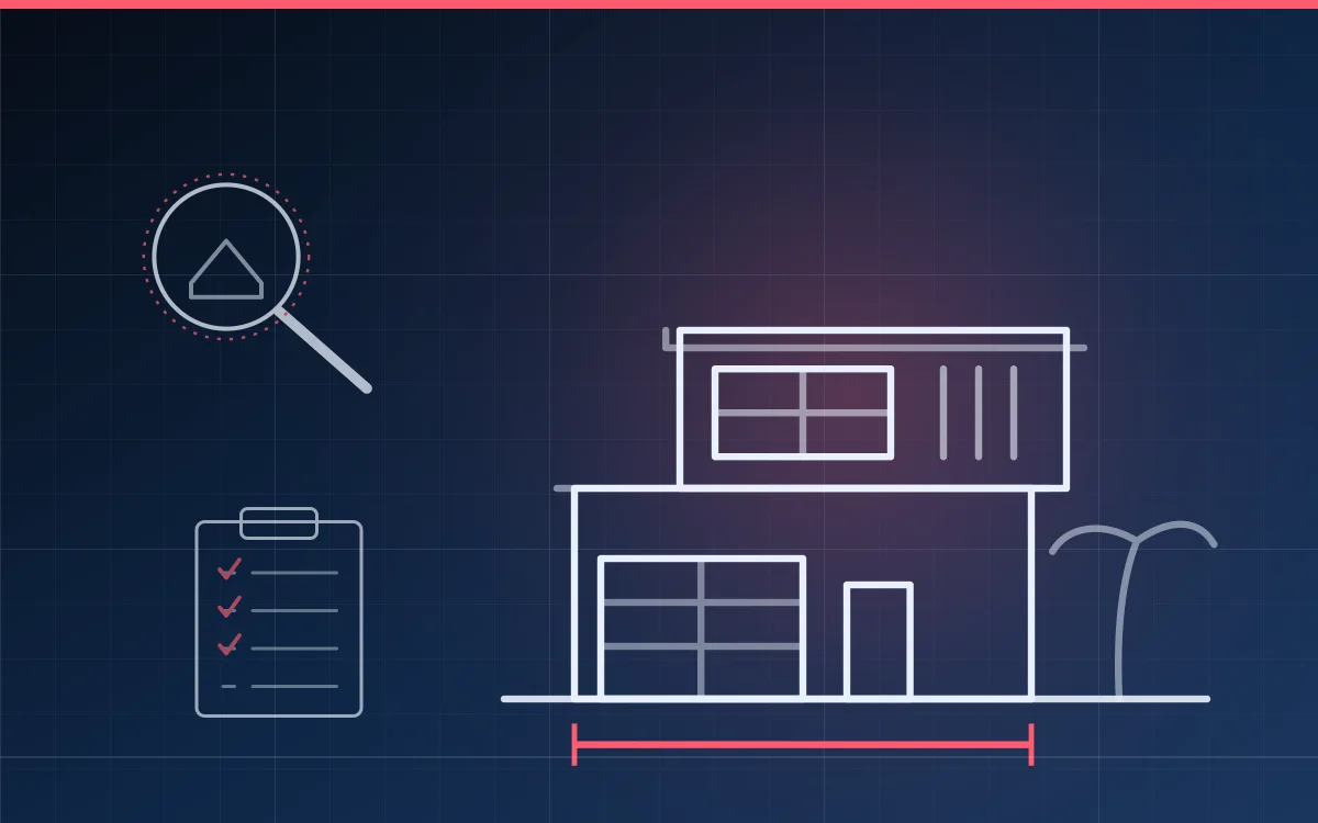 Ilustración en plano arquitectónico de una casa con una lupa y una lista de revisión