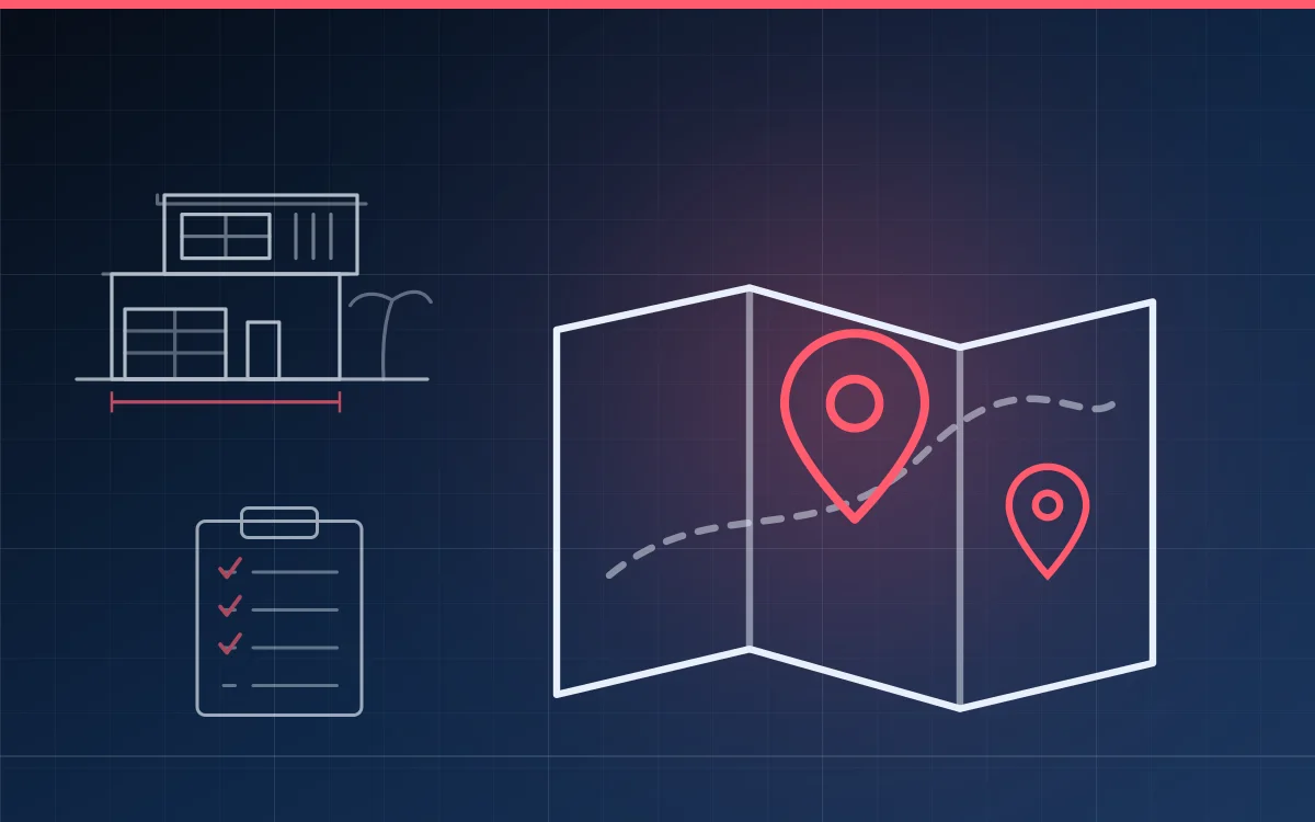 Ilustración en plano arquitectónico de un mapa de colonias con un pin de ubicación y rutas