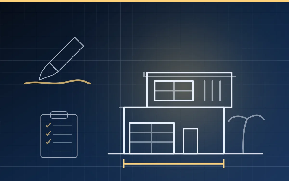 Ilustración en plano arquitectónico de una casa ordenada con una brocha y una lista de pendientes